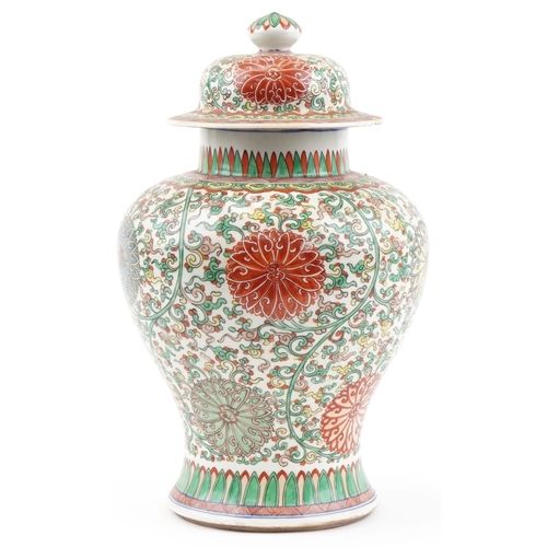 1178 - Large Chinese porcelain baluster vase and cover hand painted with flowers and foliage, 40cm high