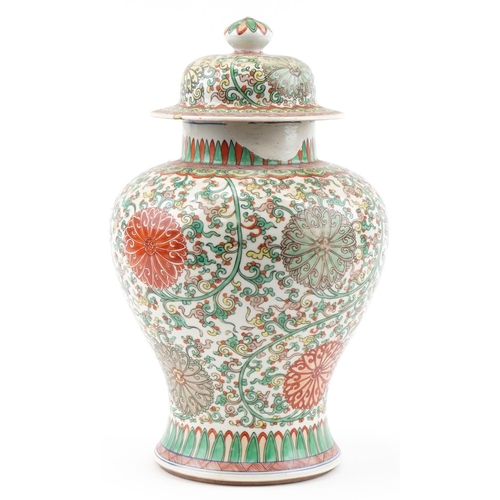 1178 - Large Chinese porcelain baluster vase and cover hand painted with flowers and foliage, 40cm high