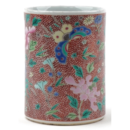 1015 - Chinese porcelain cylindrical brush pot hand painted with butterflies and flowers, 13.5cm high