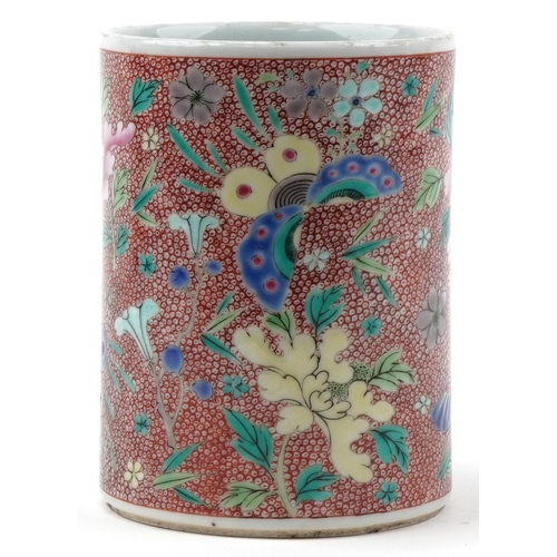 1015 - Chinese porcelain cylindrical brush pot hand painted with butterflies and flowers, 13.5cm high