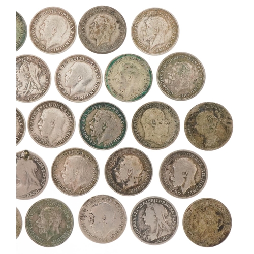 2411 - British 19th/20th century silver threepence pieces, weight 48g