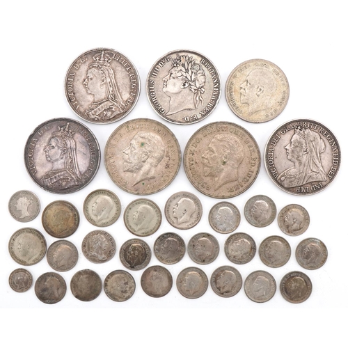 2408 - British 19th/20th century silver coinage including six crowns dates 1821, 1887, 1890, 1896, two Geor... 