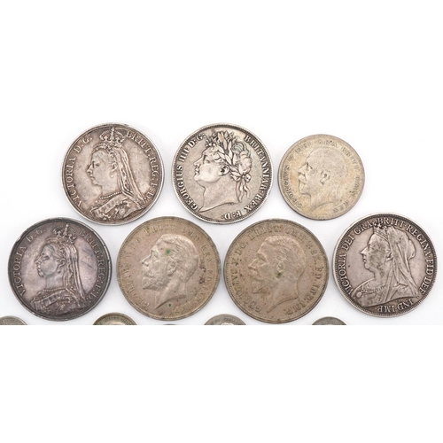 2408 - British 19th/20th century silver coinage including six crowns dates 1821, 1887, 1890, 1896, two Geor... 