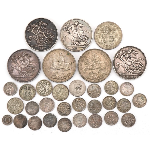 2408 - British 19th/20th century silver coinage including six crowns dates 1821, 1887, 1890, 1896, two Geor... 