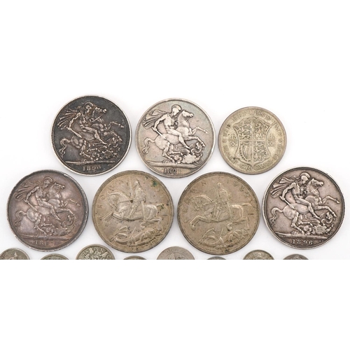 2408 - British 19th/20th century silver coinage including six crowns dates 1821, 1887, 1890, 1896, two Geor... 