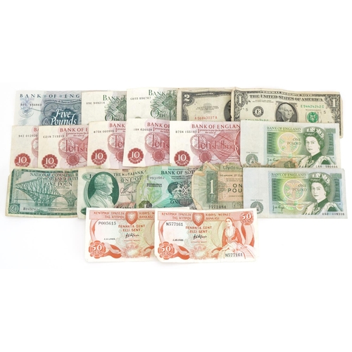 2459 - British and world banknotes including old five pound note and USA one and two dollars