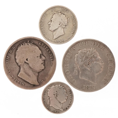 2401 - Four silver coins including George III 1817 half crown, William IV 1834 half crown, George IV 1826 s... 