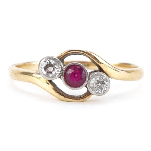 3158 - 18ct gold and platinum diamond and ruby three stone crossover ring, each diamond approximately 2.20m... 