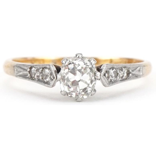 3098 - 18ct gold diamond solitaire ring with diamond set shoulders, the diamond approximately 5.10mm x 4.50... 