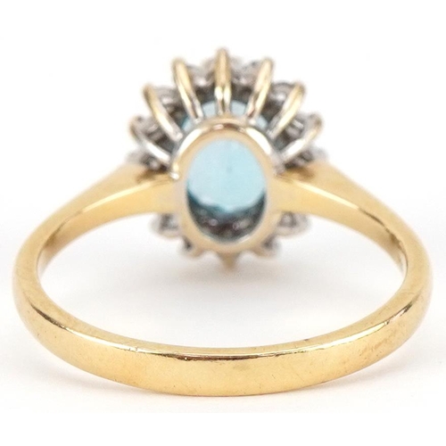 3362 - 18ct gold blue topaz and diamond cluster ring, the topaz approximately 8.10mm x 6.0mm x 4.50mm deep,... 