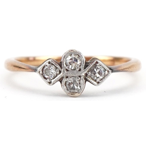 3115 - Art Deco unmarked gold diamond cluster ring, size O, 1.8g