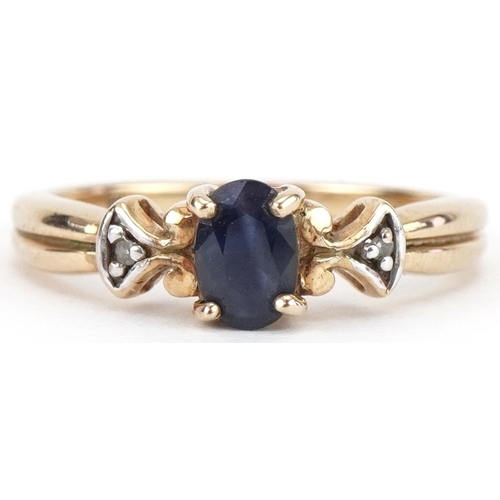 3165 - 9ct gold sapphire solitaire ring with diamond set shoulders, size N, 2.4g