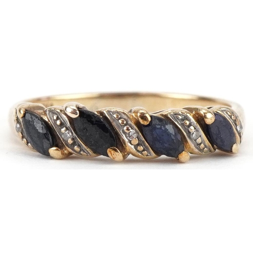 3173 - 9ct gold diamond and sapphire half eternity ring, size Q, 2.6g