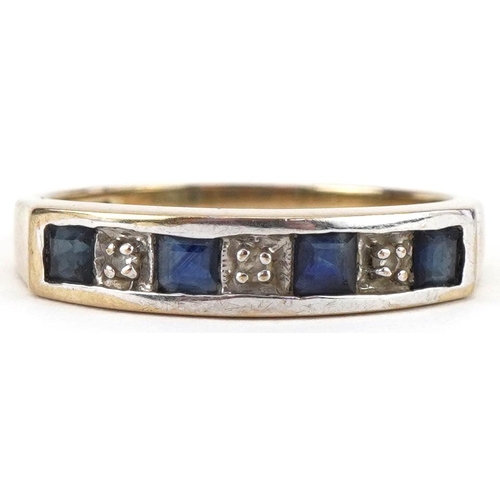 3456 - 9ct gold diamond and sapphire half eternity ring, size M/N, 2.2g