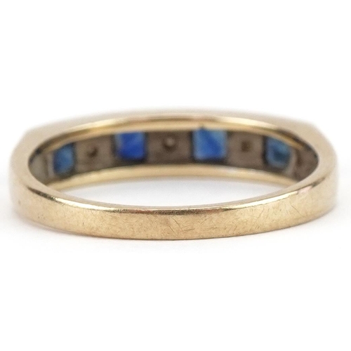 3456 - 9ct gold diamond and sapphire half eternity ring, size M/N, 2.2g