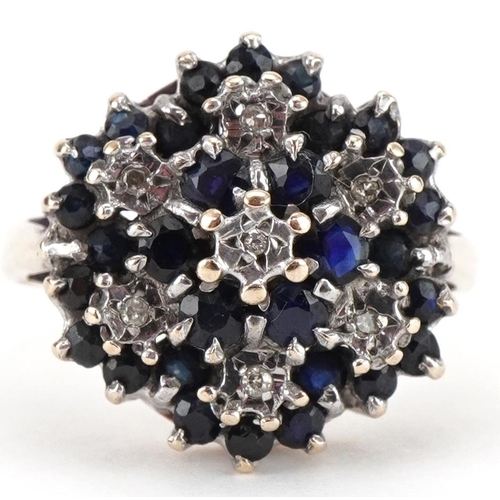 3206 - 9ct gold diamond and spinel three tier cluster ring, size P, 4.2g