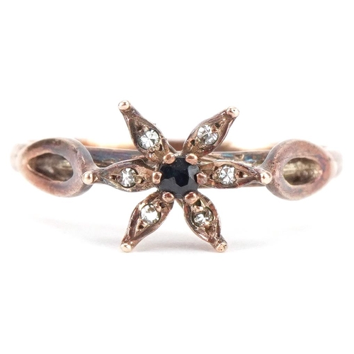 3167 - 9ct rose gold diamond and sapphire flower head ring, size O, 1.7g