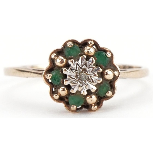 3227 - 9ct gold diamond and emerald cluster ring, size T, 2.0g