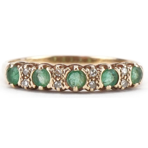 3397 - 9ct gold diamond and emerald half eternity ring, size Q, 1.6g