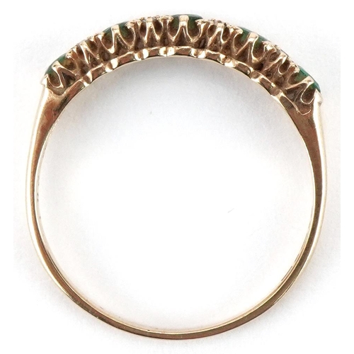 3397 - 9ct gold diamond and emerald half eternity ring, size Q, 1.6g