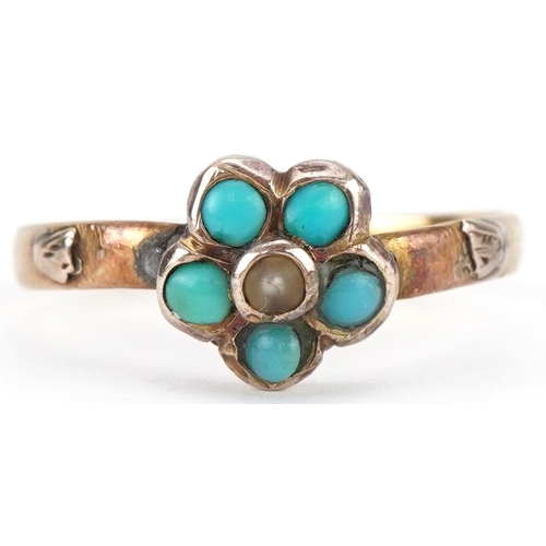 3028 - Victorian 22ct gold turquoise and seed pearl flower head ring, Birmingham 1859, size N, 2.0g