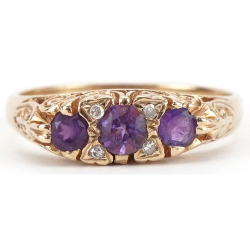 3152 - Victorian style 9ct gold amethyst and diamond ring with ornate setting, size O/P, 2.6g