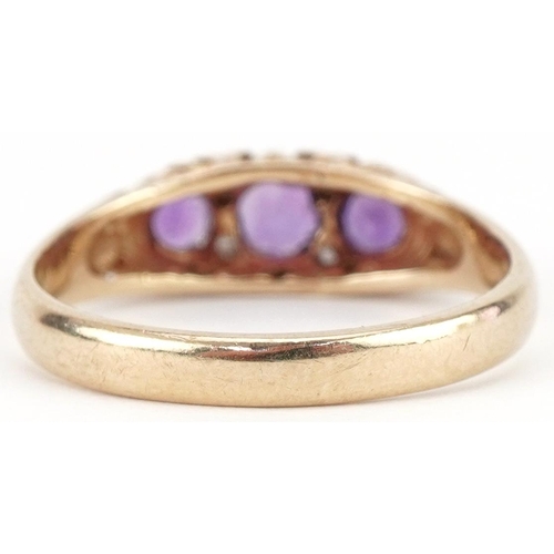 3152 - Victorian style 9ct gold amethyst and diamond ring with ornate setting, size O/P, 2.6g