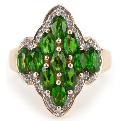 3150 - 9ct gold green stone and diamond cocktail ring, possibly green amethyst, size L, 5.0g