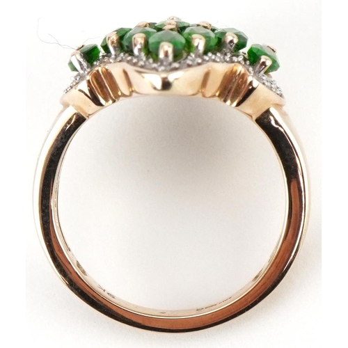 3150 - 9ct gold green stone and diamond cocktail ring, possibly green amethyst, size L, 5.0g