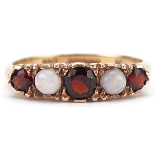 3253 - Victorian style 9ct gold garnet and opal five stone ring, size O, 2.6g