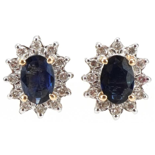 3056 - Pair of 14ct gold blue spinel and diamond cluster stud earrings, each 9.8mm high, total 2.4g