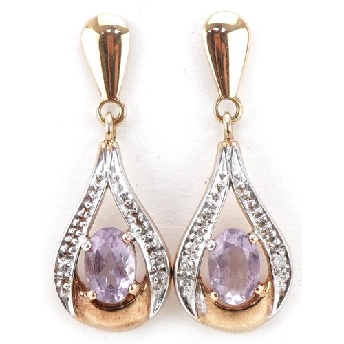 3377 - Pair of 9ct gold amethyst and diamond drop earrings, each 2.5cm high, total 2.1g