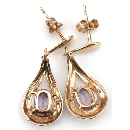 3377 - Pair of 9ct gold amethyst and diamond drop earrings, each 2.5cm high, total 2.1g