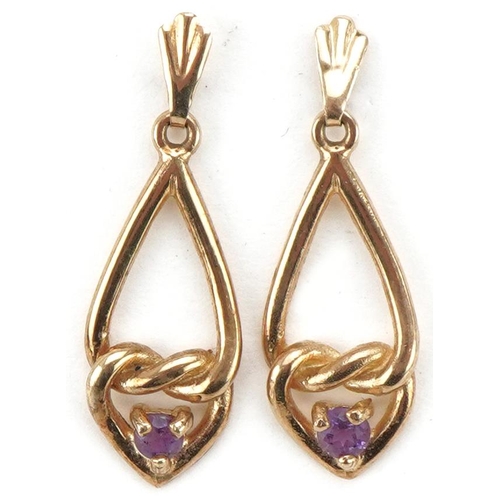 3325 - Pair of 9ct gold amethyst love heart drop earrings, each 2.6cm high, total 2.0g