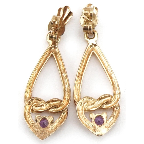 3325 - Pair of 9ct gold amethyst love heart drop earrings, each 2.6cm high, total 2.0g