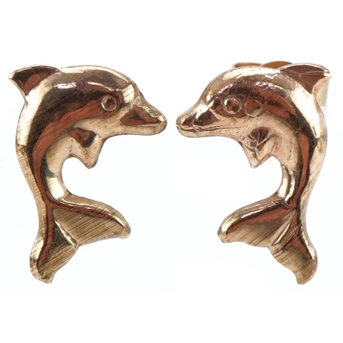 3293 - Pair of unmarked gold dolphin stud earrings, each 9.5mm high, total 0.2g