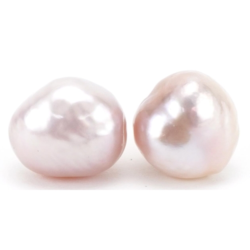 3399 - Pair of 9ct gold pink freshwater pearl stud earrings, each approximately 12mm in diameter, total 5.7... 