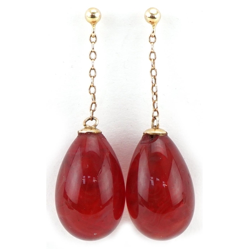 3521 - Pair of 9ct gold carnelian drop earrings, each 4cm high, total 9.4g