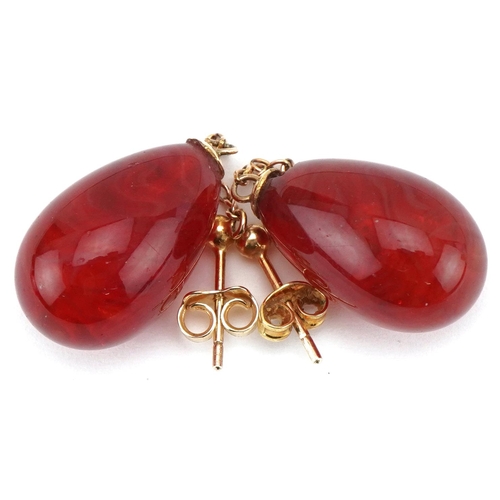 3521 - Pair of 9ct gold carnelian drop earrings, each 4cm high, total 9.4g