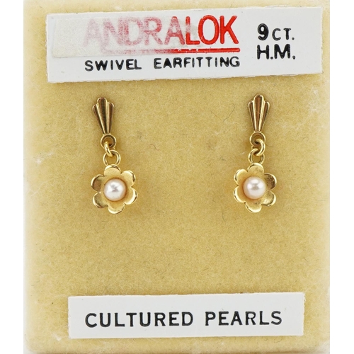 3361 - Pair of 9ct gold cultured pearl drop earrings, each 1.5cm high, total 0.5g