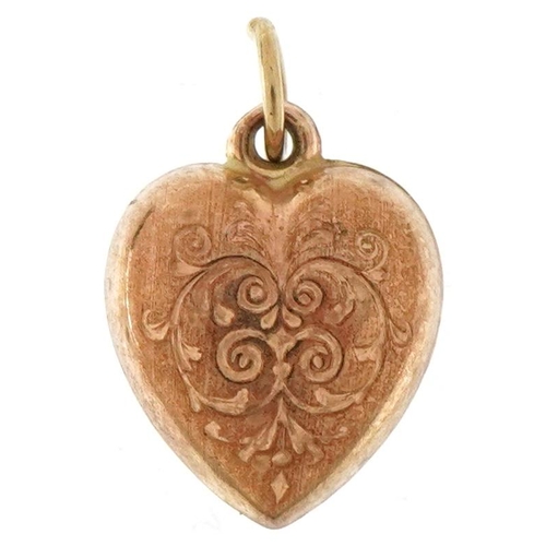 3349 - Yellow metal engraved love heart charm, 1.2cm high, 0.5g