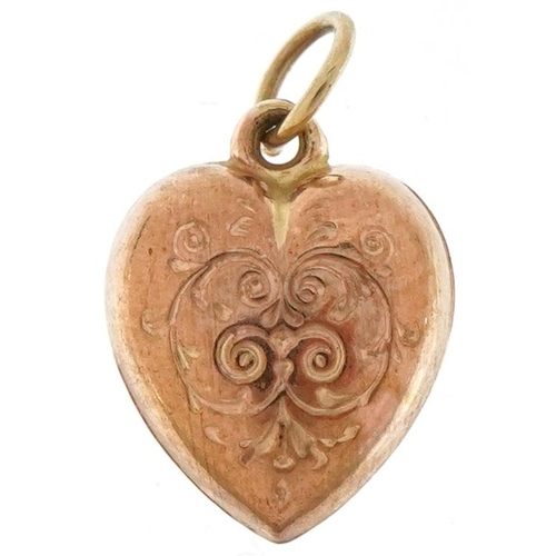 3349 - Yellow metal engraved love heart charm, 1.2cm high, 0.5g