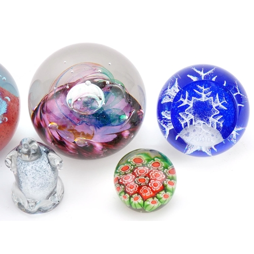 2128 - Seven colourful glass paperweights including Strathearn, Selkirk Glass and Caithness, the largest 8c... 