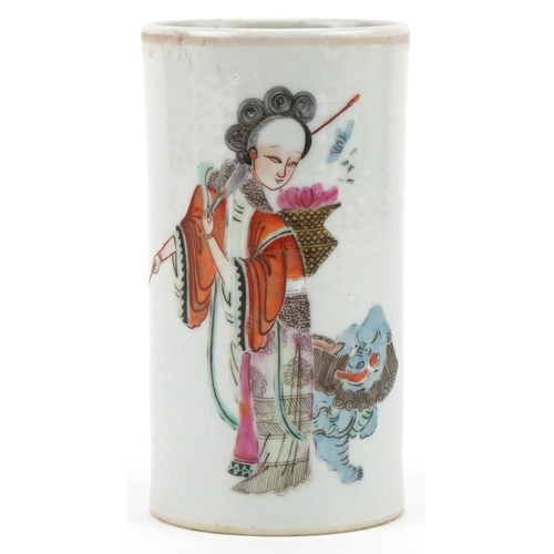 1106 - Chinese porcelain cylindrical vase hand painted with a female and Foo dog, character marks to the ba... 