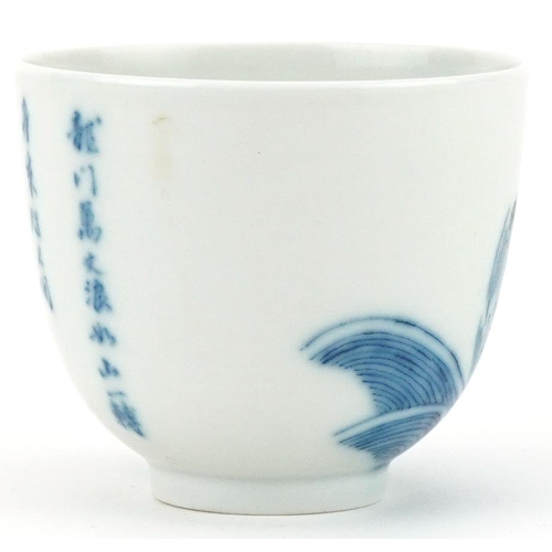 1108 - Chinese blue and white porcelain tea bowl hand painted with fish and script, six figure character ma... 