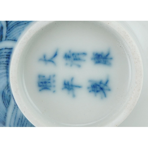 1108 - Chinese blue and white porcelain tea bowl hand painted with fish and script, six figure character ma... 