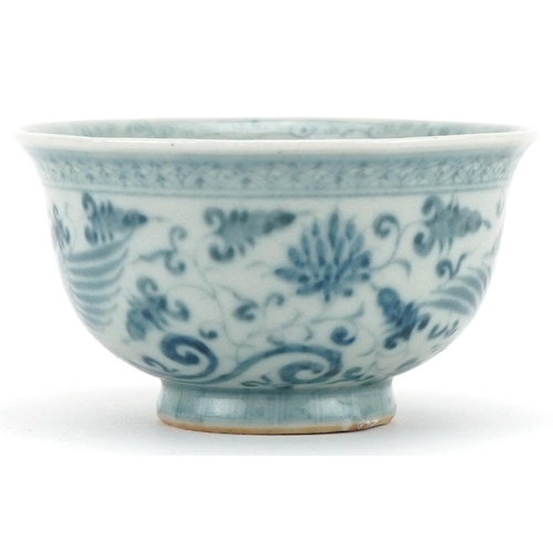 1301 - Chinese blue and white porcelain bowl hand painted with phoenixes amongst foliage, 10cm in diameter