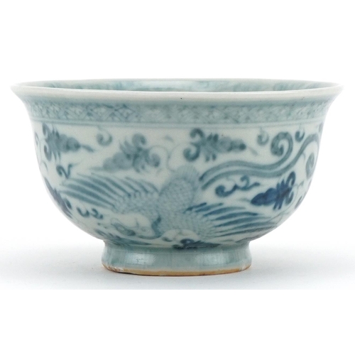 1301 - Chinese blue and white porcelain bowl hand painted with phoenixes amongst foliage, 10cm in diameter