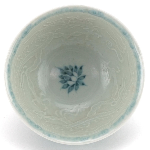 1301 - Chinese blue and white porcelain bowl hand painted with phoenixes amongst foliage, 10cm in diameter