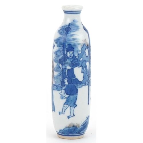 1182 - Chinese blue and white porcelain snuff bottle hand painted with figures and an emperor, 9cm high